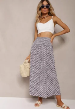 Granatowo-Białe Spodnie High Waist z Bawełny z Rozszerzanymi Nogawkami i Gumką Nereialla