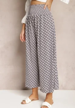 Granatowo-Białe Spodnie High Waist z Bawełny z Rozszerzanymi Nogawkami i Gumką Nereialla