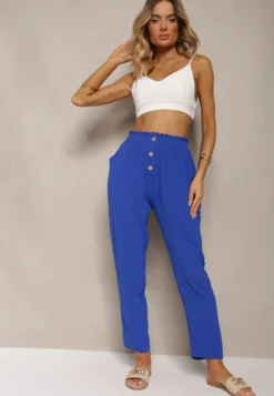 Granatowo-Niebieskie Spodnie Typu Paper Bag High Waist z Gumką w Talii Salvavia