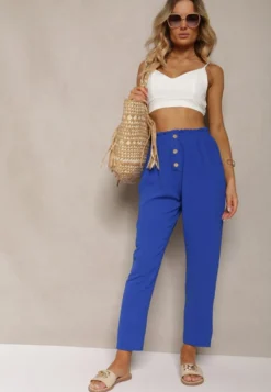 Granatowo-Niebieskie Spodnie Typu Paper Bag High Waist z Gumką w Talii Salvavia