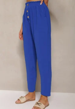 Granatowo-Niebieskie Spodnie Typu Paper Bag High Waist z Gumką w Talii Salvavia