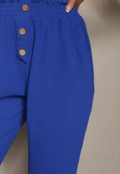 Granatowo-Niebieskie Spodnie Typu Paper Bag High Waist z Gumką w Talii Salvavia