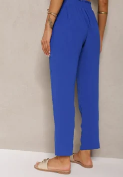 Granatowo-Niebieskie Spodnie Typu Paper Bag High Waist z Gumką w Talii Salvavia