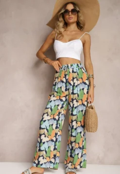 Granatowo-Niebieskie Szerokie Spodnie z Wiskozy High Waist w Kwiaty Wykończone Gumką w Talii Dennea