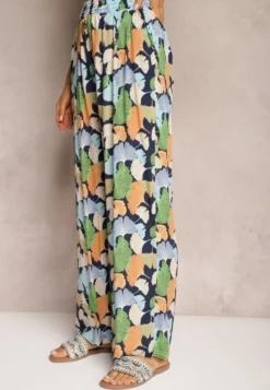 Granatowo-Niebieskie Szerokie Spodnie z Wiskozy High Waist w Kwiaty Wykończone Gumką w Talii Dennea