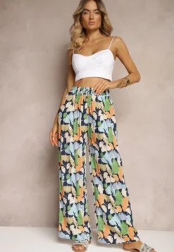 Granatowo-Niebieskie Szerokie Spodnie z Wiskozy High Waist w Kwiaty Wykończone Gumką w Talii Dennea