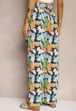 Granatowo-Niebieskie Szerokie Spodnie z Wiskozy High Waist w Kwiaty Wykończone Gumką w Talii Dennea