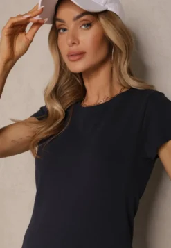 Granatowy Basicowy T-shirt z Bawełny Mevolena