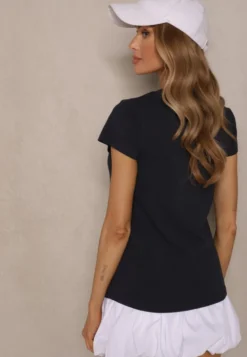 Granatowy Basicowy T-shirt z Bawełny Mevolena