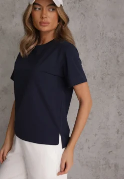Granatowy Bawełniany T-shirt Ozdobiony po Bokach Rozcięciami Brinelle