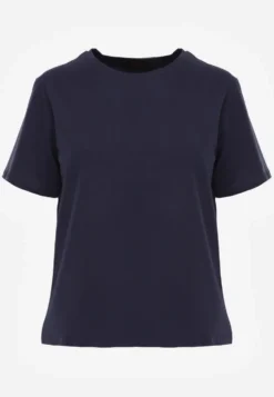 Granatowy Bawełniany T-shirt Ozdobiony po Bokach Rozcięciami Brinelle