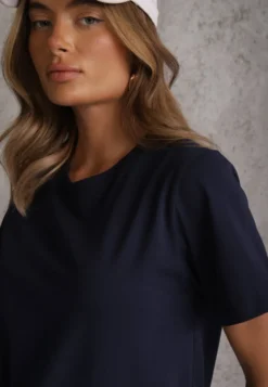 Granatowy Bawełniany T-shirt Ozdobiony po Bokach Rozcięciami Brinelle