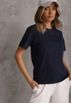 Granatowy Bawełniany T-shirt Ozdobiony po Bokach Rozcięciami Brinelle
