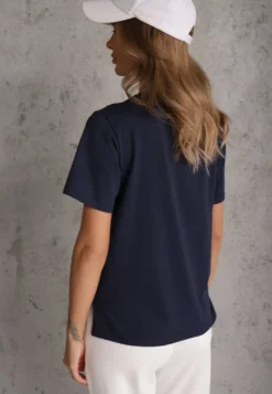 Granatowy Bawełniany T-shirt Ozdobiony po Bokach Rozcięciami Brinelle