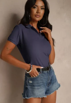 Granatowy Bawełniany T-shirt Typu Polo Arsenllia