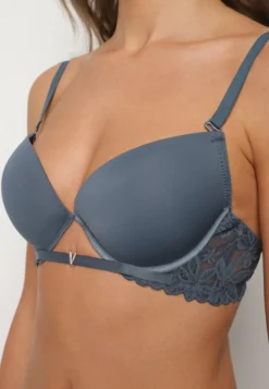 Granatowy Biustonosz Push-Up z Koronką i Wycięciem z Przodu Sariaris