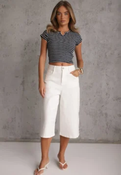 Granatowy Crop Top Bawełny z Prążkowanej Dzianiny w Paski Ozdobiony Wycięciem Ionilla