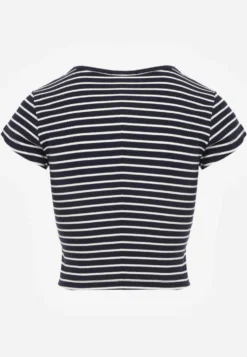 Granatowy Crop Top Bawełny z Prążkowanej Dzianiny w Paski Ozdobiony Wycięciem Ionilla