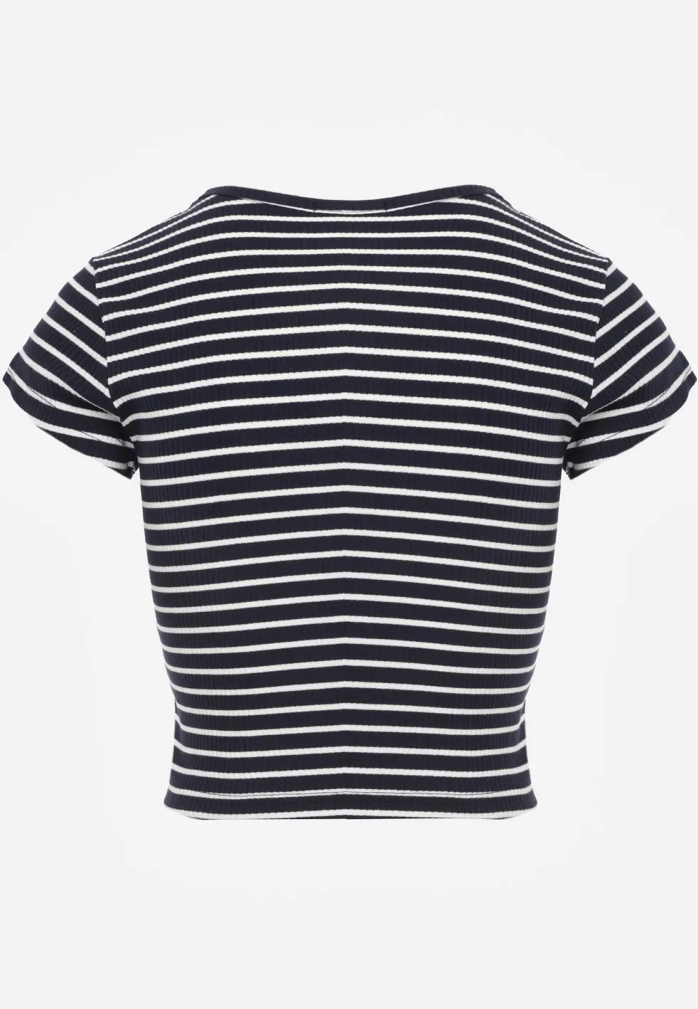 Granatowy Crop Top Bawełny z Prążkowanej Dzianiny w Paski Ozdobiony Wycięciem Ionilla
