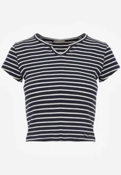 Granatowy Crop Top Bawełny z Prążkowanej Dzianiny w Paski Ozdobiony Wycięciem Ionilla