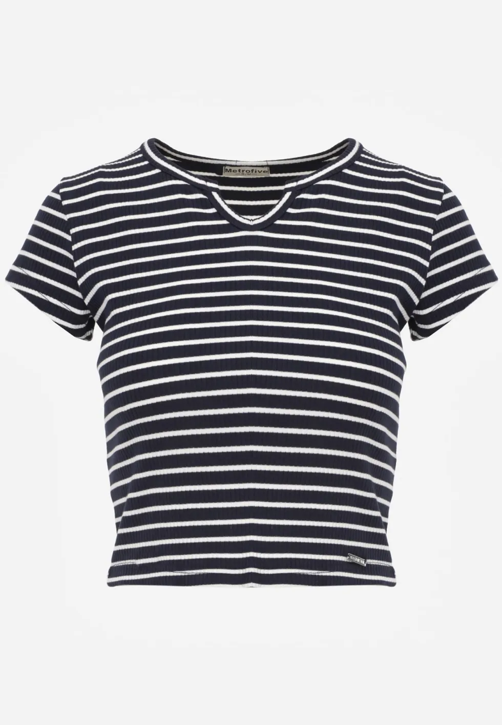 Granatowy Crop Top Bawełny z Prążkowanej Dzianiny w Paski Ozdobiony Wycięciem Ionilla