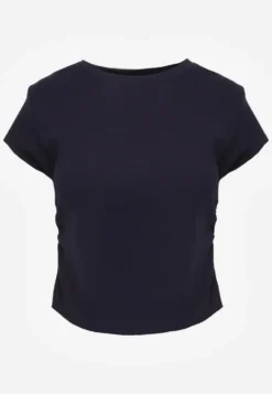 Granatowy Dopasowany T-shirt z Marszczeniem z Bawełnianej Tkaniny w Prążki Assarena