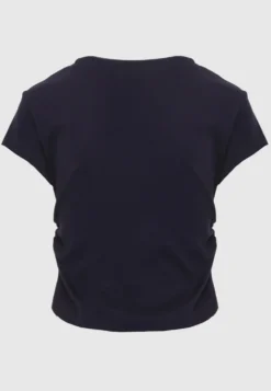 Granatowy Dopasowany T-shirt z Marszczeniem z Bawełnianej Tkaniny w Prążki Assarena