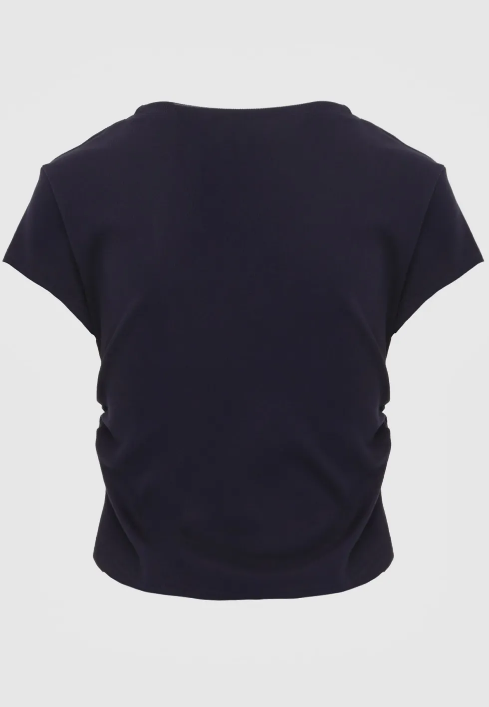 Granatowy Dopasowany T-shirt z Marszczeniem z Bawełnianej Tkaniny w Prążki Assarena