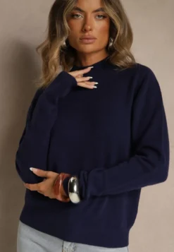 Granatowy Gładki Sweter z Półgolfem z Dzianiny z Wełną i Wiskozą Zaiara