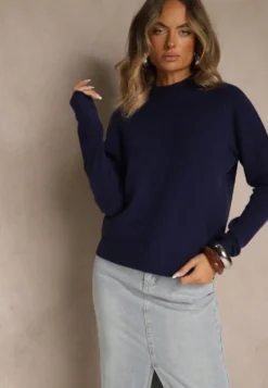Granatowy Gładki Sweter z Półgolfem z Dzianiny z Wełną i Wiskozą Zaiara