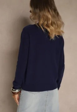Granatowy Gładki Sweter z Półgolfem z Dzianiny z Wełną i Wiskozą Zaiara