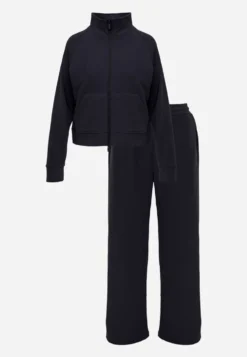 Granatowy Komplet Dresowy Spodnie Wide Leg i Bluza na Suwak ze Stójką Milia