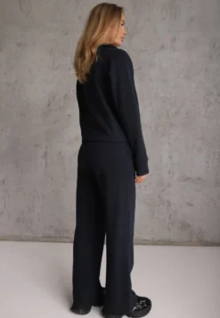 Granatowy Komplet Dresowy Spodnie Wide Leg i Bluza na Suwak ze Stójką Milia