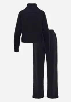 Granatowy Komplet Dresowy Spodnie Wide Leg i Bluza na Suwak ze Stójką Milia