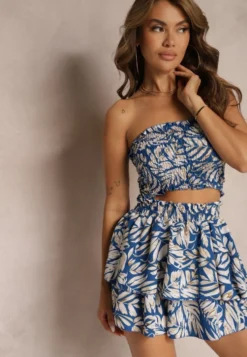 Granatowy Komplet Elastyczny Top bez Ramiączek Szorty High Waist z Gumką w Talii Tiloa