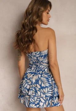 Granatowy Komplet Elastyczny Top bez Ramiączek Szorty High Waist z Gumką w Talii Tiloa