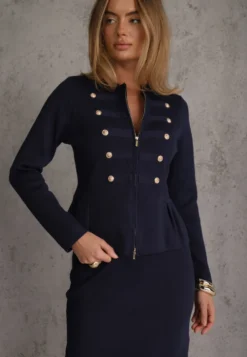 Granatowy Komplet Elegancki z Dzianiny z Wiskozą Napoleon Jacket i Spódnica Ołówkowa Liomix