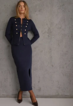 Granatowy Komplet Elegancki z Dzianiny z Wiskozą Napoleon Jacket i Spódnica Ołówkowa Liomix