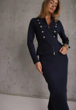 Granatowy Komplet Elegancki z Dzianiny z Wiskozą Napoleon Jacket i Spódnica Ołówkowa Liomix