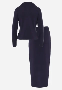 Granatowy Komplet Elegancki z Dzianiny z Wiskozą Napoleon Jacket i Spódnica Ołówkowa Liomix