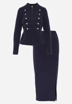 Granatowy Komplet Elegancki z Dzianiny z Wiskozą Napoleon Jacket i Spódnica Ołówkowa Liomix