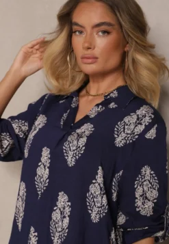 Granatowy Komplet Oversize w Stylu Rustykalnym Długa Koszula i Szerokie Spodnie Mepilara