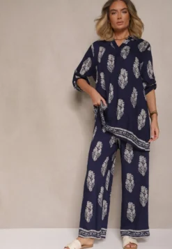 Granatowy Komplet Oversize w Stylu Rustykalnym Długa Koszula i Szerokie Spodnie Mepilara