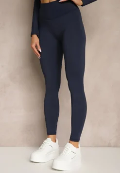Granatowy Komplet Sportowy Legginsy High Waist i Longsleeve z Ozdobnym Tyłem Dasalle