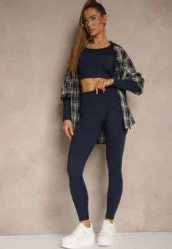 Granatowy Komplet Sportowy Legginsy High Waist i Longsleeve z Ozdobnym Tyłem Dasalle