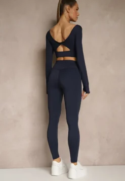 Granatowy Komplet Sportowy Legginsy High Waist i Longsleeve z Ozdobnym Tyłem Dasalle