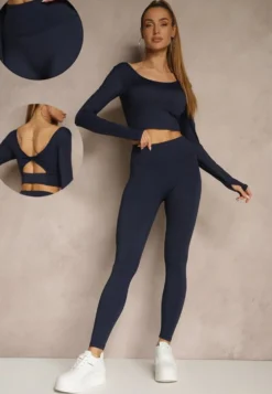 Granatowy Komplet Sportowy Legginsy High Waist i Longsleeve z Ozdobnym Tyłem Dasalle