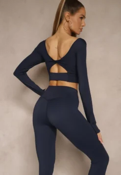 Granatowy Komplet Sportowy Legginsy High Waist i Longsleeve z Ozdobnym Tyłem Dasalle
