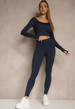 Granatowy Komplet Sportowy Legginsy High Waist i Longsleeve z Ozdobnym Tyłem Dasalle