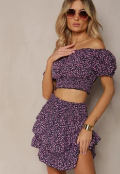 Granatowy Komplet w Kwiaty 2-Częściowy Top w Stylu Hiszpanki i Spódnica z Falbanką Crispa